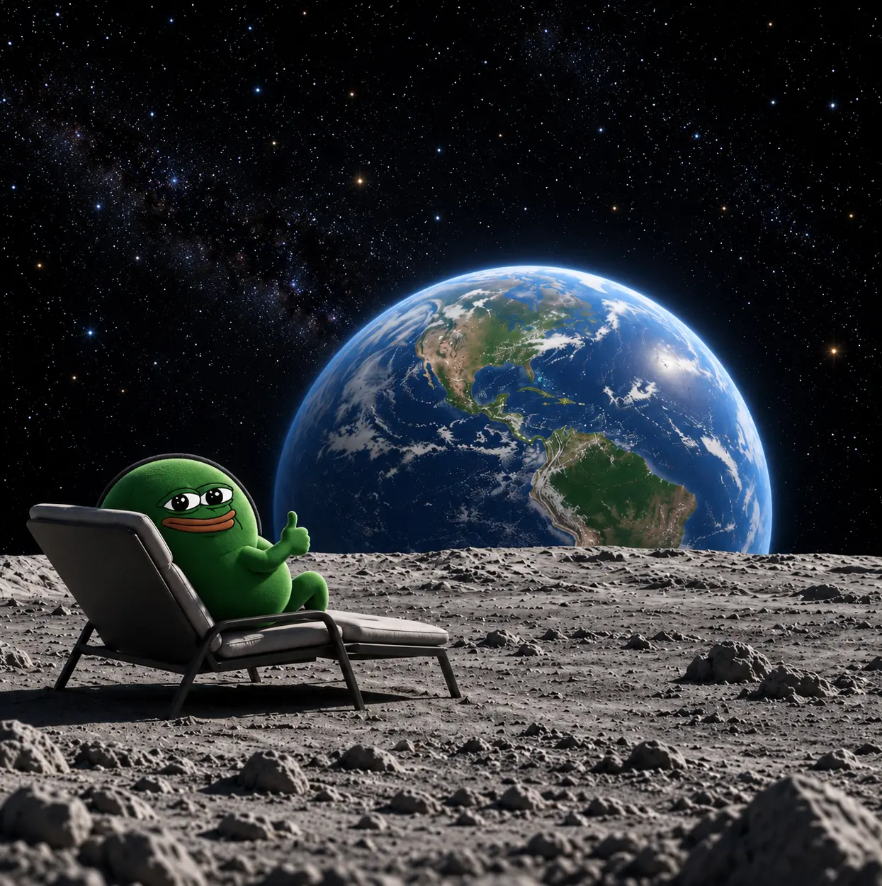 Green frog relaxing on a deck chair on the moon, giving a thumbs up with Earth behind him