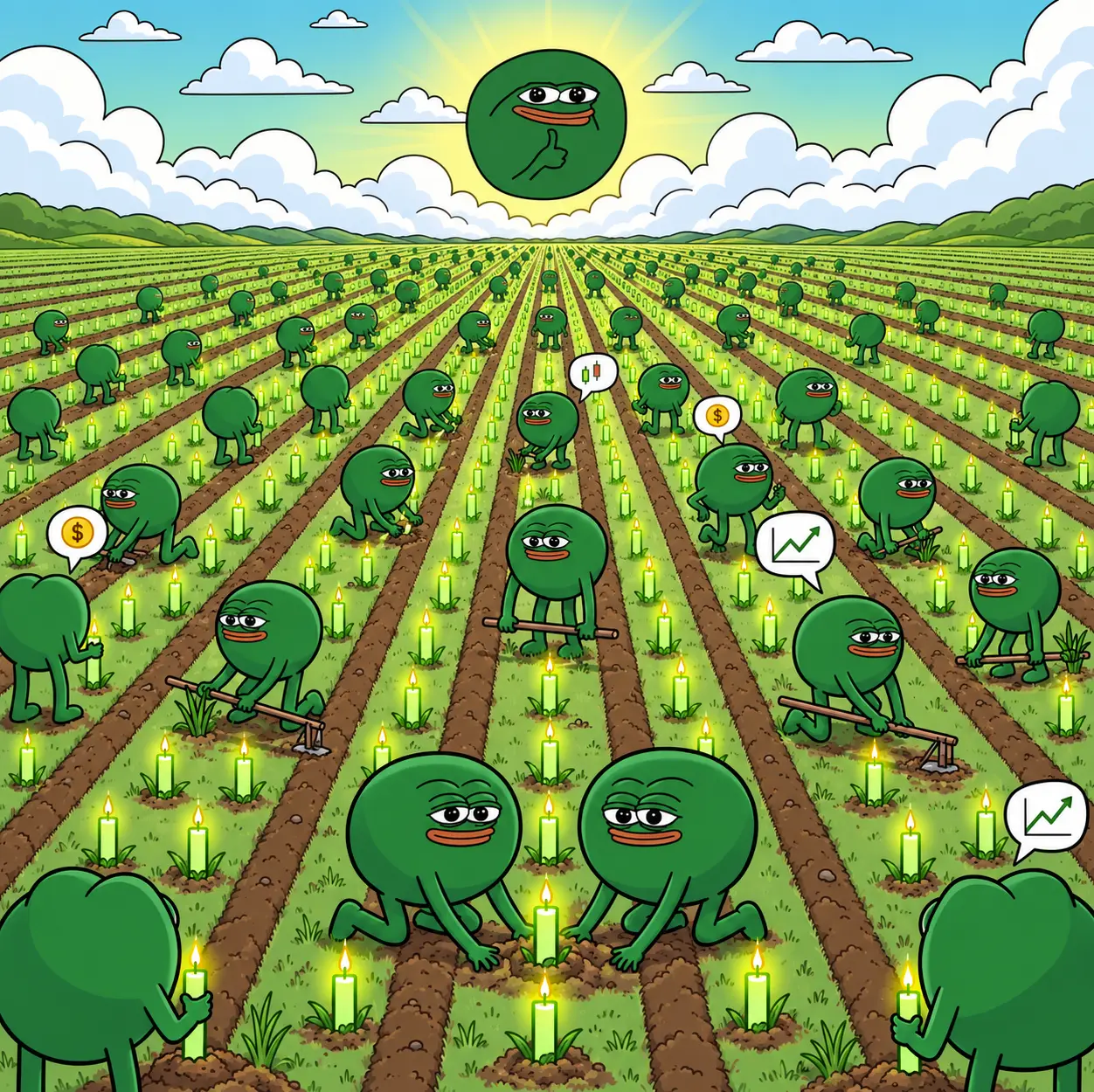 Cartoon frogs farming a field of glowing green candlestick charts