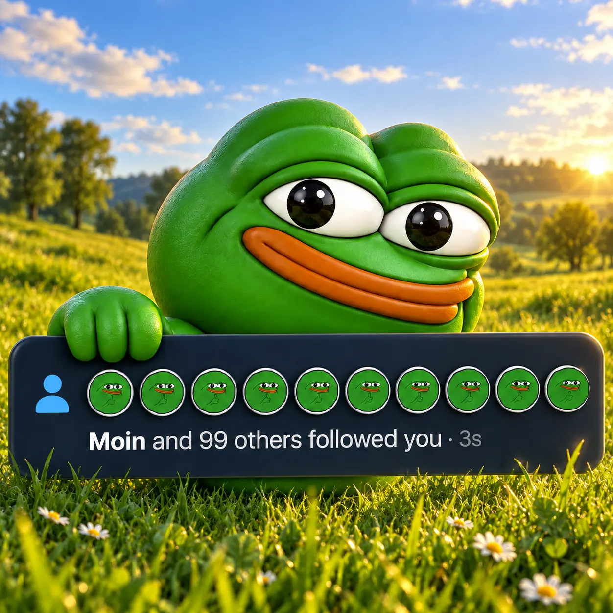 Green frog peeking over a notification bar reading Moin and 99 others followed you