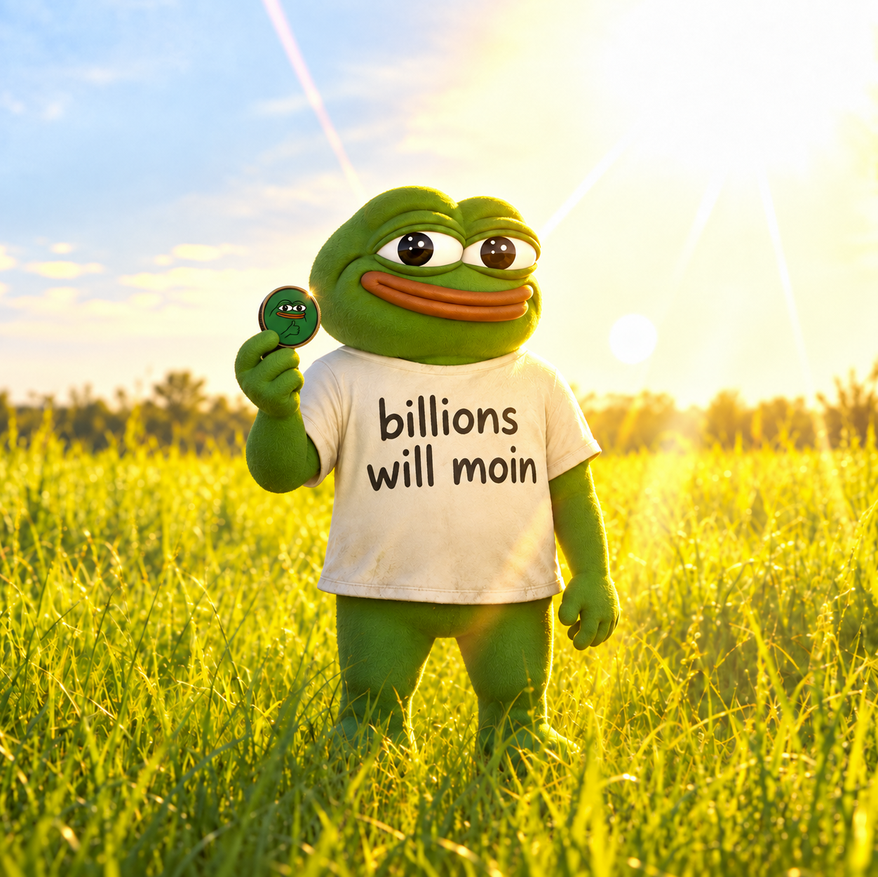 Frog in a field at sunset wearing a shirt reading billions will moin while holding the coin