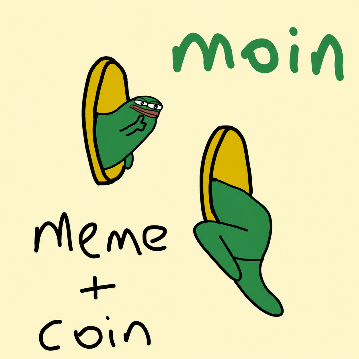 Hand-drawn sketch of meme + coin = moin with a frog on a gold coin