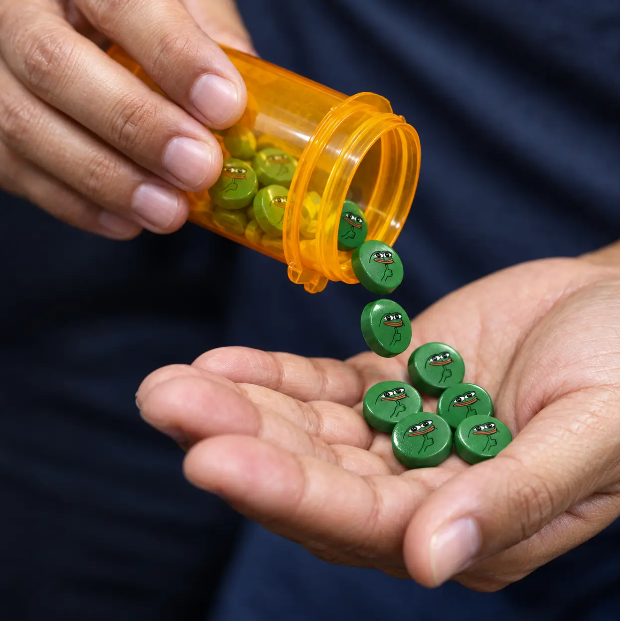 Green frog-faced pills pouring out of a prescription bottle into a hand