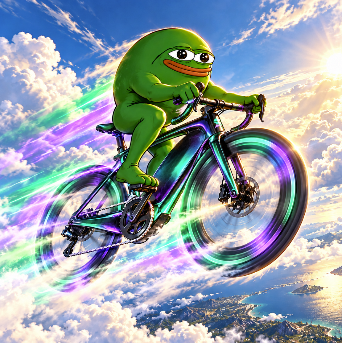 Green frog riding a glowing bike through the clouds above the coast
