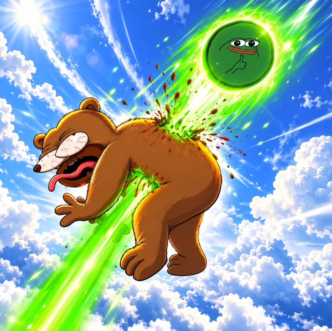 Green coin crashing like a meteor into a startled bear
