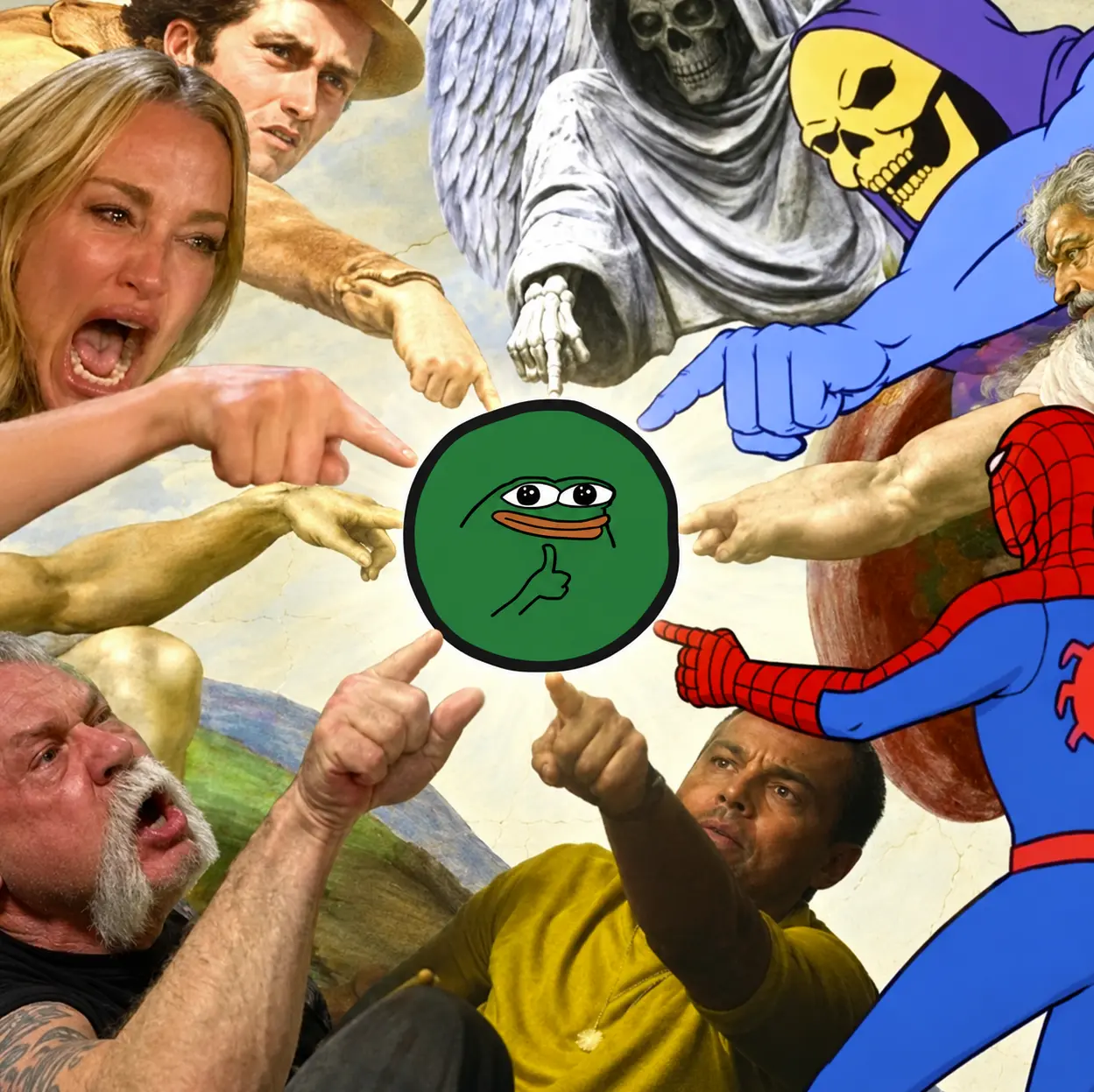 Collage of famous pointing memes surrounding the green moin coin in the center