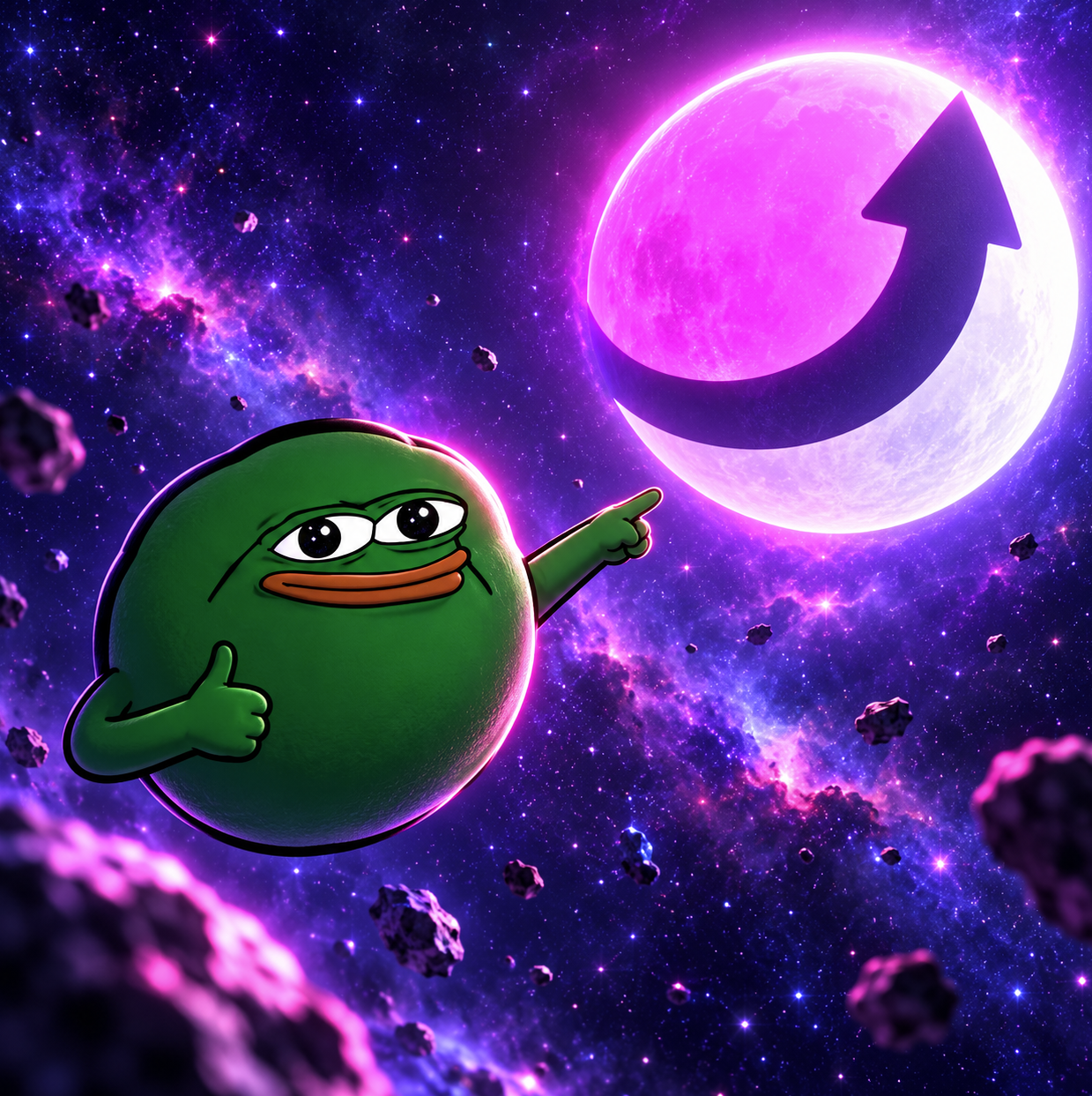Green frog floating in space pointing at a pink moon with an upward arrow