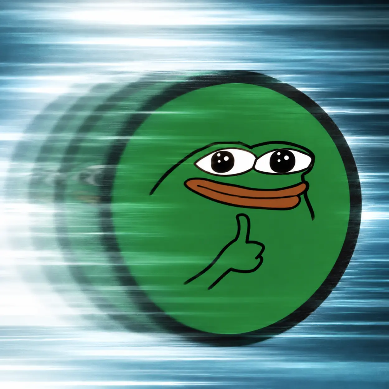 Green frog coin speeding past with motion blur