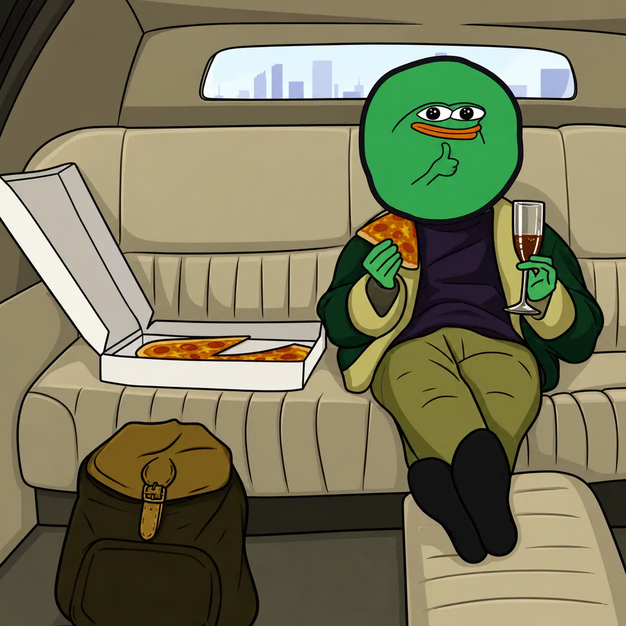 Green frog in the back of a limo with pizza and a glass of champagne
