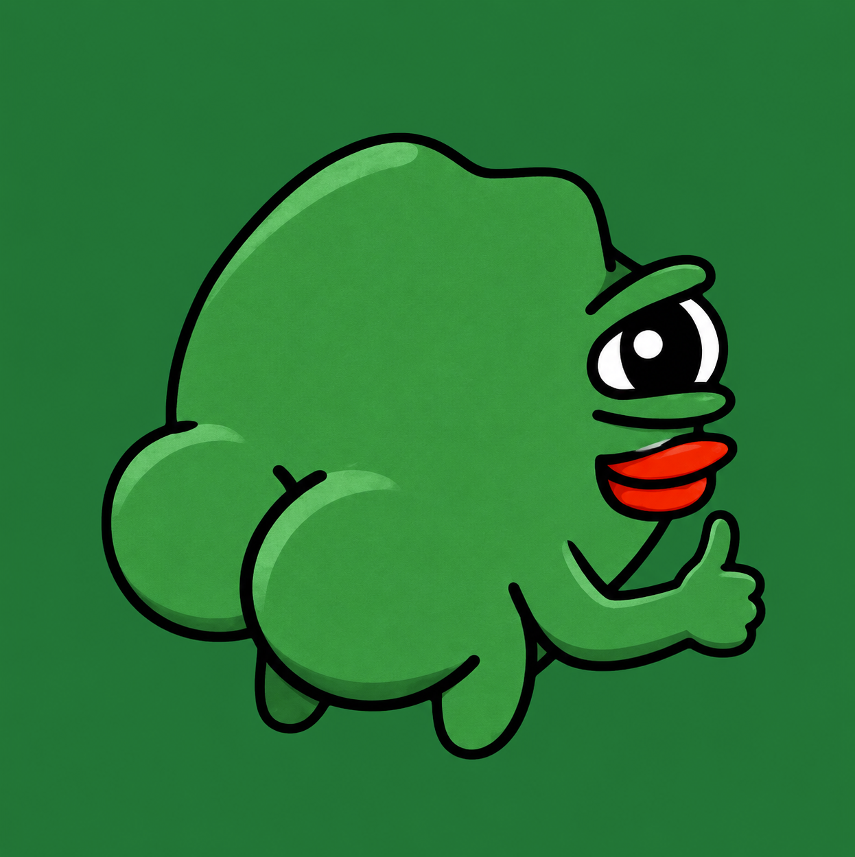 Round green frog with a red mouth giving a thumbs up on a green background